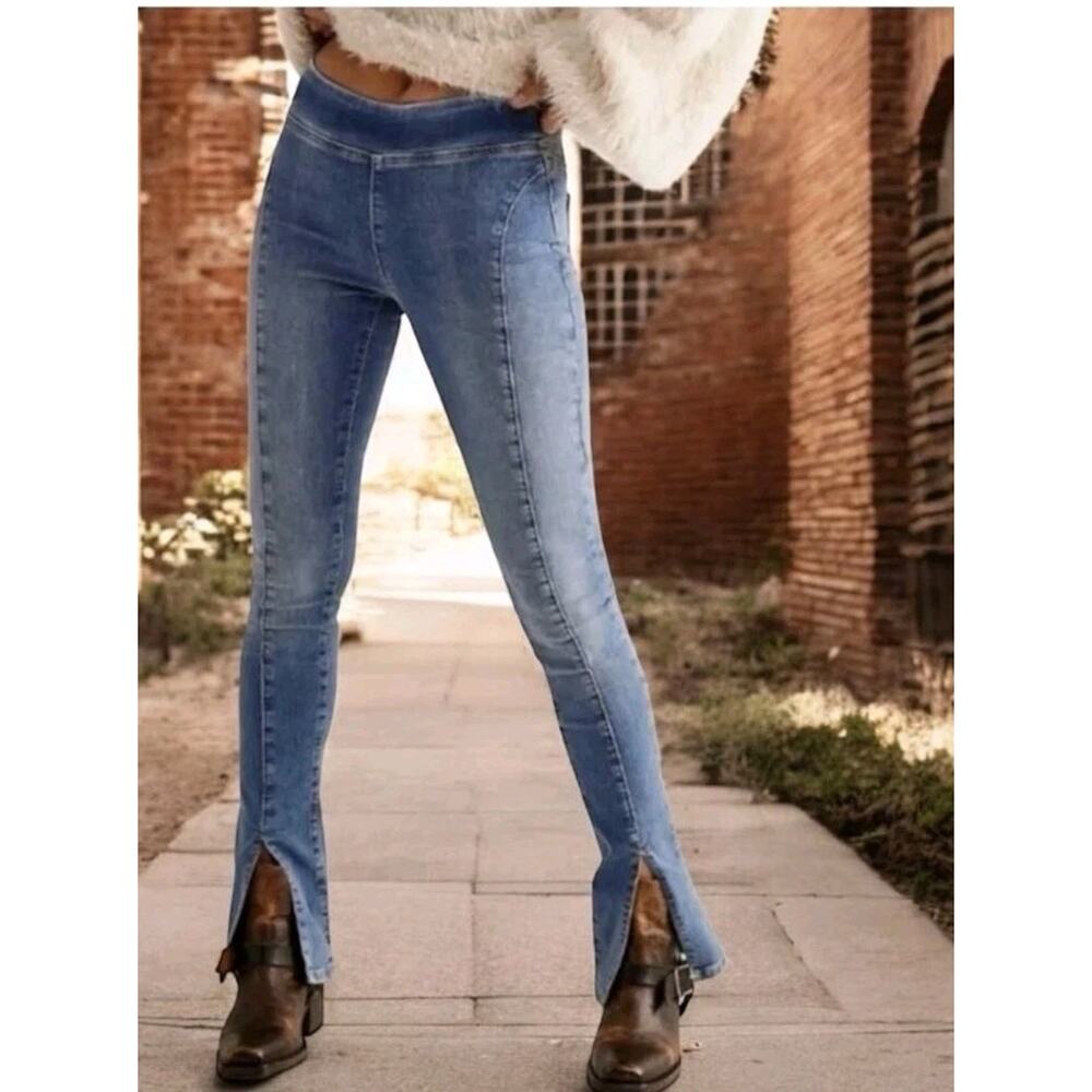 Free People Double Dutch Pull On Slit Hem Skinny Stretch Jeans Size M Boho Retro